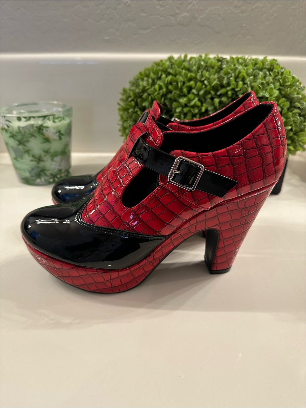 Red Croc-Embossed Mary Jane Platform Heels with Black Patent Toe